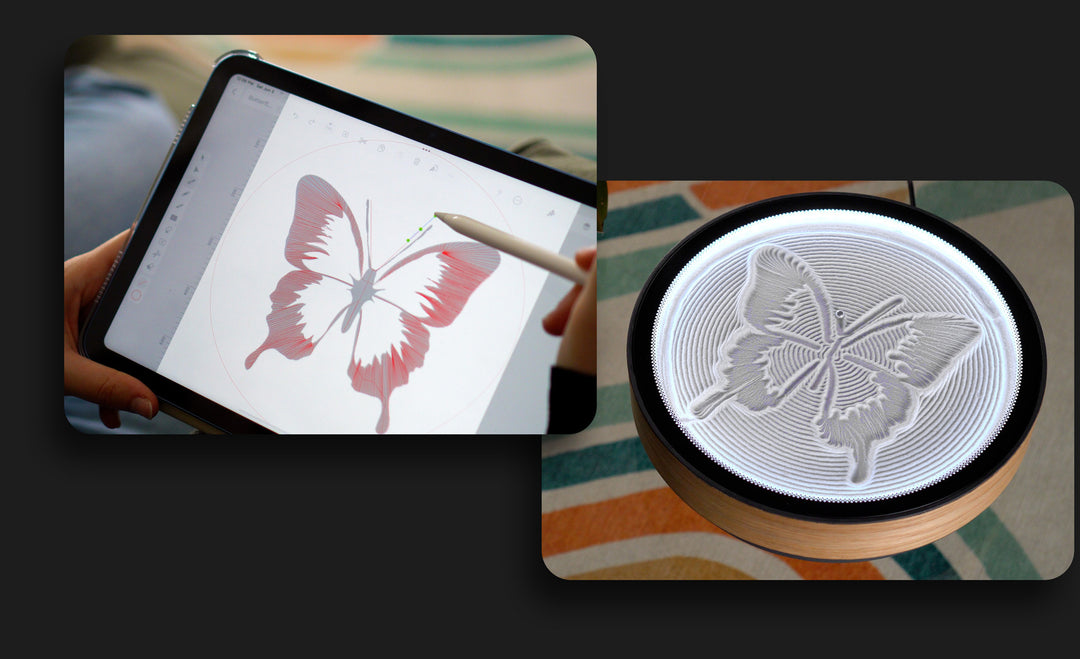 A butterfly being drawn on an iPad and then carved in sand using Oasis Mini